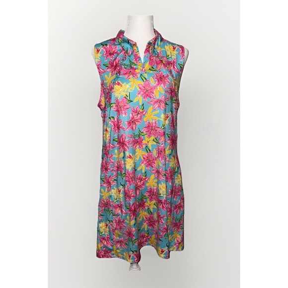 Gottex Dresses & Skirts - Gottex Turquoise Sleeveless Floral Shift Dress with Pink and Yellow Blooms